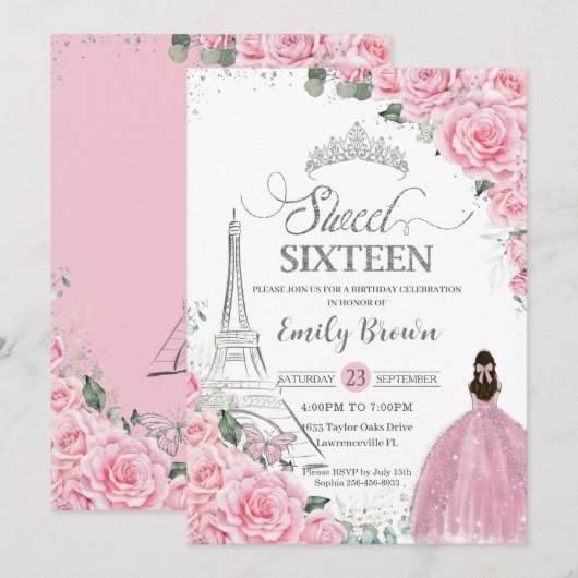 Invitation Sweet 16 Anniversaire Rose Floral Paris Eiffel Arg (Devant / Derrière)
