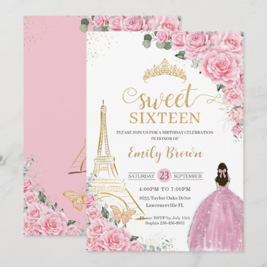 Invitation Sweet 16 Anniversaire Rose Floral Paris Eiffel Gol (Devant / Derrière)