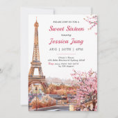 Invitation Sweet 16 Anniversaire Rose Floral Paris Tour Eiffe (Devant)