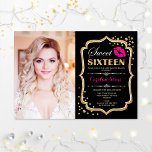 Invitation Sweet 16 Anniversaire Rose Kiss Gold Black Photo<br><div class="desc">Pink Kiss Gold Black Photo Sweet 16 Anniversaire. Sweet sixteen invitation fête d'anniversaire avec votre photo. Caractéristiques police de script,  lèvres baiser et confetti. Design noir fuchsia rose avec parties scintillant d'or. Idéal pour une élégante fête du 16ème anniversaire.</div>