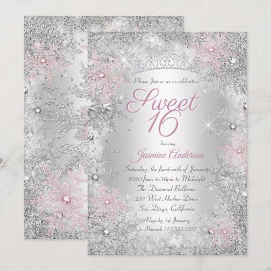 Invitation Sweet 16 Anniversaire Rose Silver Winter Wonderlan (Devant / Derrière)