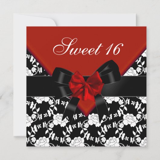 Invitation Sweet 16 Anniversaire Rouge Noir Blanc Floral Bow (Devant)