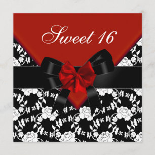Invitation Sweet 16 Anniversaire Rouge Noir Blanc Floral Bow