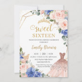 Invitation Sweet 16 Anniversaire Royal Bleu Robe Florale  (Devant)
