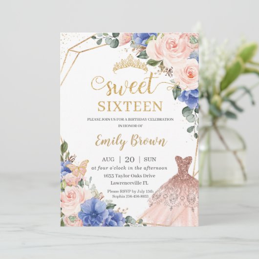 Invitation Sweet 16 Anniversaire Royal Bleu Robe Florale  (Debout devant)
