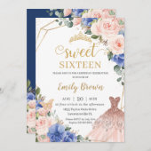 Invitation Sweet 16 Anniversaire Royal Bleu Robe Florale  (Devant / Derrière)