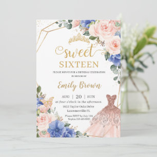 Invitation Sweet 16 Anniversaire Royal Bleu Robe Florale 