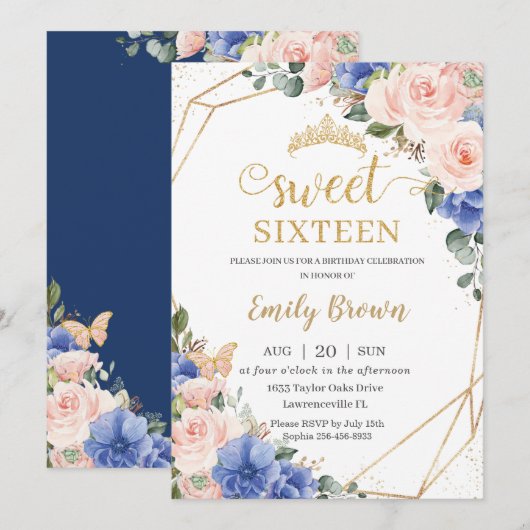Invitation Sweet 16 Anniversaire Royal Blue Blush Floral Tiar (Devant / Derrière)