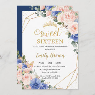Invitation Sweet 16 Anniversaire Royal Blue Blush Floral Tiar