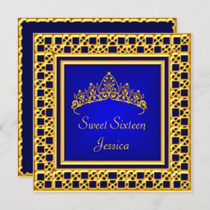 Invitation Sweet 16 Anniversaire Royal Blue Gold Silver Tiara