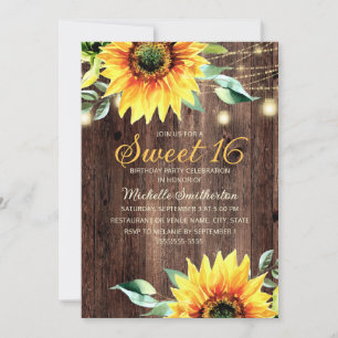 Invitation Sweet 16 Anniversaire Rustique Tournesols Lights