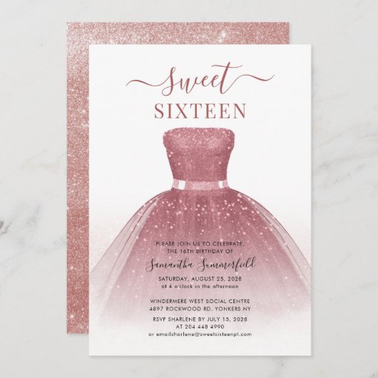 Invitation Sweet 16 Anniversaire Script Rose Gold fête d'anni (Devant / Derrière)