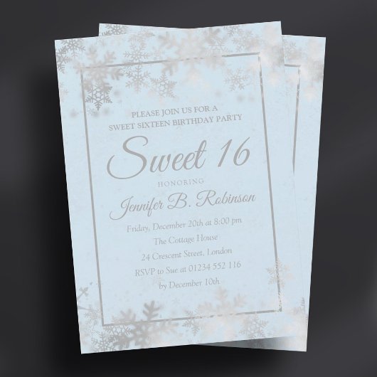 Invitation Sweet 16 Anniversaire Silver Ice Blue Foil Snowfla