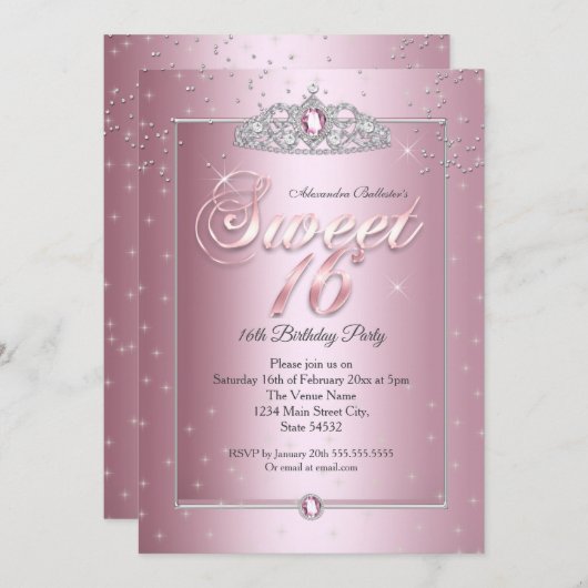 Invitation Sweet 16 Anniversaire Soirée Diamant Rose Silver T (Devant / Derrière)