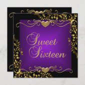 Invitation Sweet 16 Anniversaire Soirée Noir Or Profond Viole (Devant / Derrière)