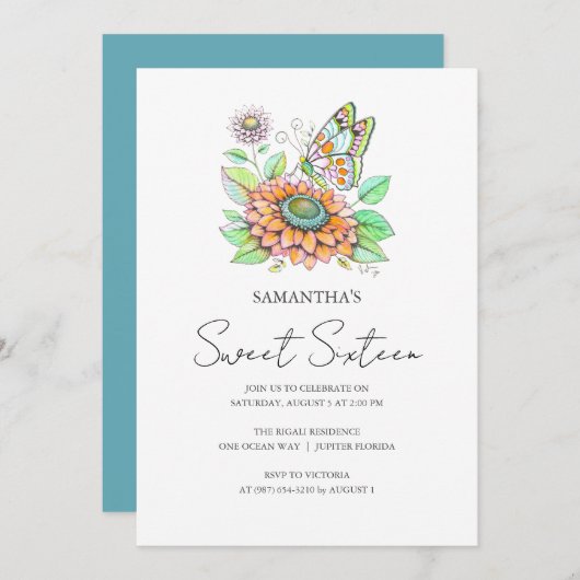 Invitation Sweet 16 Anniversaire Thème papillon fête (Devant / Derrière)