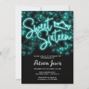 Invitation Sweet 16 Anniversaire Turquoise Neon Glow Dark Par