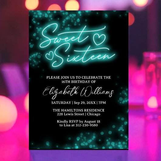 Invitation Sweet 16 Anniversaire Turquoise Neon Glow Dark Par