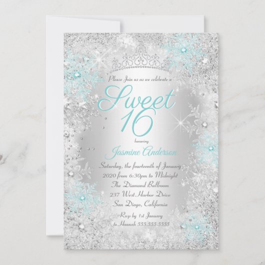 Invitation Sweet 16 Anniversaire Turquoise Silver Winter Wond (Devant)