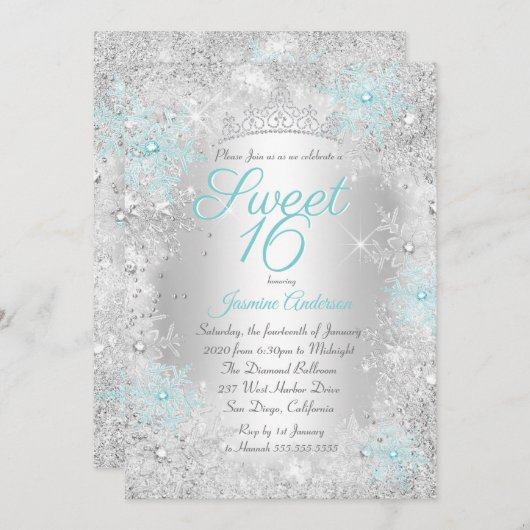 Invitation Sweet 16 Anniversaire Turquoise Silver Winter Wond (Devant / Derrière)