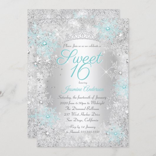 Invitation Sweet 16 Anniversaire Turquoise Silver Winter Wond (Devant / Derrière)
