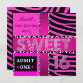 Invitation Sweet 16 Anniversaire Vache Zebra Hot rose Noir (Devant / Derrière)