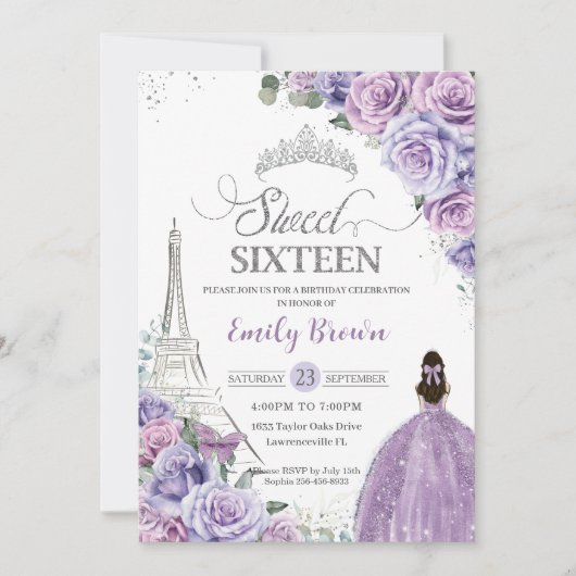 Invitation Sweet 16 Anniversaire Violet Floral Paris Tour Eif (Devant)