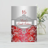 Invitation Sweet 16 Annonces florales rouges et argentées (Debout devant)