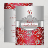 Invitation Sweet 16 Annonces florales rouges et argentées (Devant / Derrière)