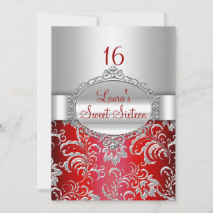 Invitation Sweet 16 Annonces florales rouges et argentées