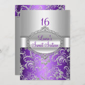 Invitation Sweet 16 Annonces florales violettes et argentées (Devant / Derrière)