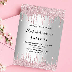 Invitation Sweet 16 ans parties scintillant rose argent goutt