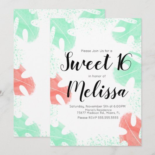 Invitation Sweet 16 Aquarelle Monstera Coral Mint Feuille (Devant / Derrière)