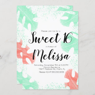 Invitation Sweet 16 Aquarelle Monstera Coral Mint Feuille