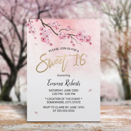 Invitation Sweet 16 Aquarelle rose fleurs de cerisier rose