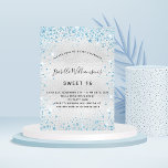 Invitation Sweet 16 argent bleu parties scintillant luxe<br><div class="desc">Pour un élégant Sweet 16,  16e anniversaire. Un arrière - plan métallique à l'aspect faux argenté. Décoré avec de la poussière de parties scintillant en faux bleu. Personnalisez et ajoutez un nom,  un âge et des détails de la fête. Le nom est écrit avec un script de style manuscrit</div>