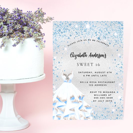 Invitation Sweet 16 argent bleu scintille de fête luxe