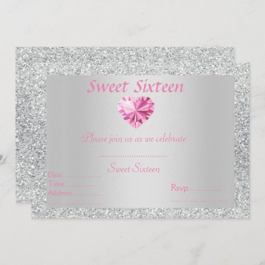 Invitation Sweet 16 argent brillant diamant rose (Devant / Derrière)