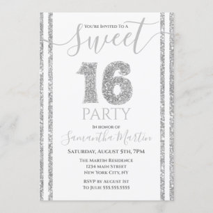 Invitation Sweet 16 Argent Faux Parties scintillant rayé Anni