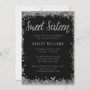 Invitation Sweet 16 Argent Noir Faux Paillettes Anniversaire