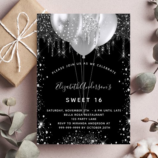 Invitation Sweet 16 argent noir parties scintillant ballons d