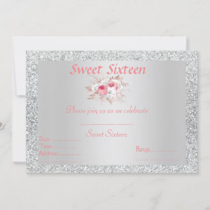 Invitation Sweet 16 argent rose pêche floral