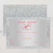 Invitation Sweet 16 argent rose pêche floral (Devant / Derrière)