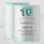 Invitation Sweet 16 argent turquoise parties scintillant élég (Devant / Derrière)