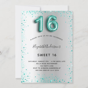 Invitation Sweet 16 argent turquoise parties scintillant élég