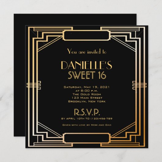 Invitation Sweet 16 Art Déco inspirée du Gatsby le (Devant / Derrière)
