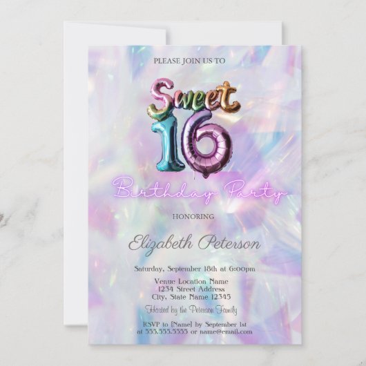 Invitation Sweet 16 Ballon Holographique Moderne (Devant)