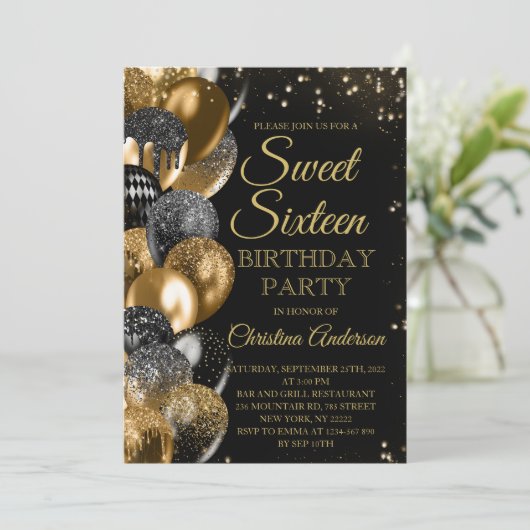 Invitation Sweet 16 Ballons de Parties scintillant or Glam fê (Debout devant)
