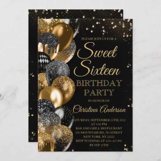 Invitation Sweet 16 Ballons de Parties scintillant or Glam fê (Devant / Derrière)