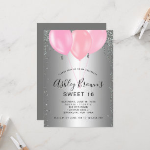 Invitation Sweet 16 Ballons de Parties scintillant rose argen